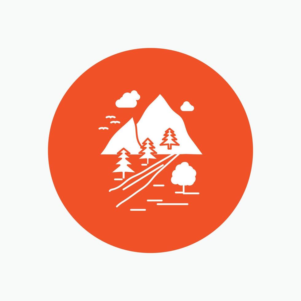rocks. tree. hill. mountain. nature White Glyph Icon in Circle. Vector Button illustration