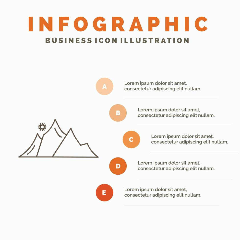 Cerro. paisaje. naturaleza. montaña. plantilla de infografía solar para sitio web y presentación. icono de línea gris con ilustración de vector de estilo infográfico naranja