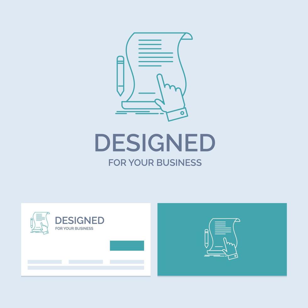 contract. document. paper. sign. agreement. application Business Logo Line Icon Symbol for your business. Turquoise Business Cards with Brand logo template vector