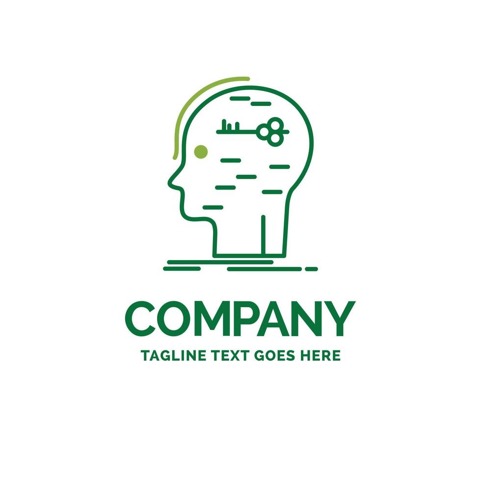 brain. hack. hacking. key. mind Flat Business Logo template. Creative Green Brand Name Design. vector