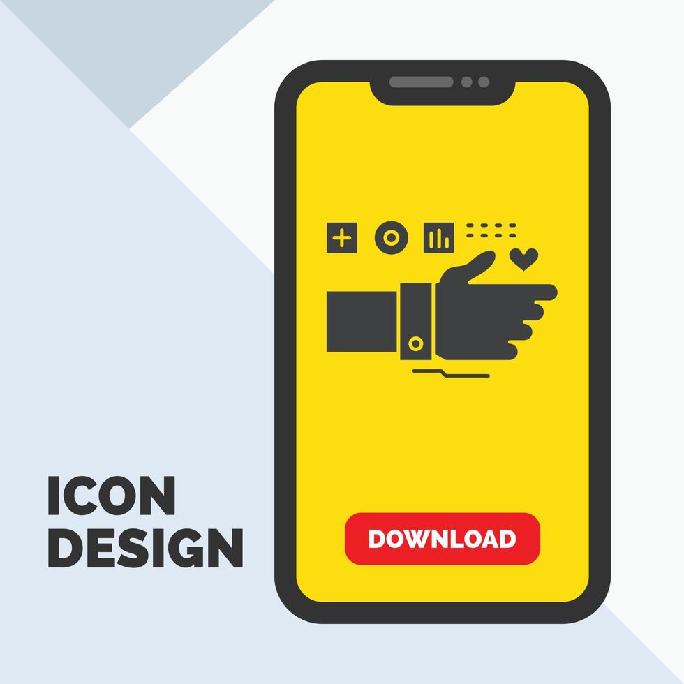 Monitoring. Technology. Fitness. Heart. Pulse Glyph Icon in Mobile for Download Page. Yellow Background vector