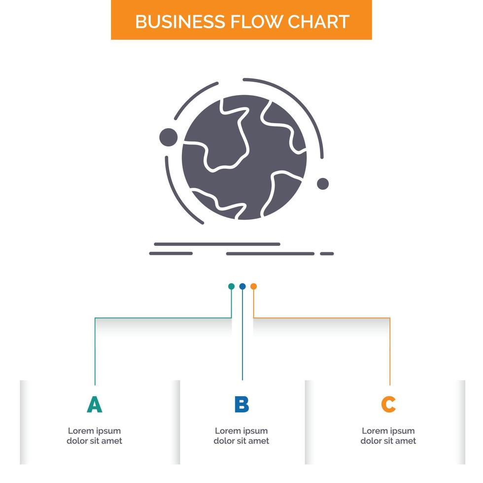 globe. world. discover. connection. network Business Flow Chart Design with 3 Steps. Glyph Icon For Presentation Background Template Place for text. vector