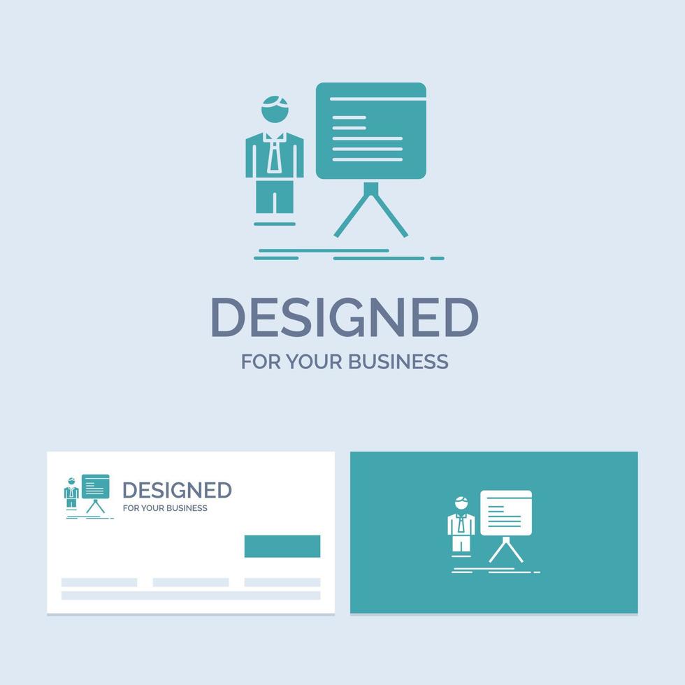 presentation. businessman. chart. graph. progress Business Logo Glyph Icon Symbol for your business. Turquoise Business Cards with Brand logo template. vector