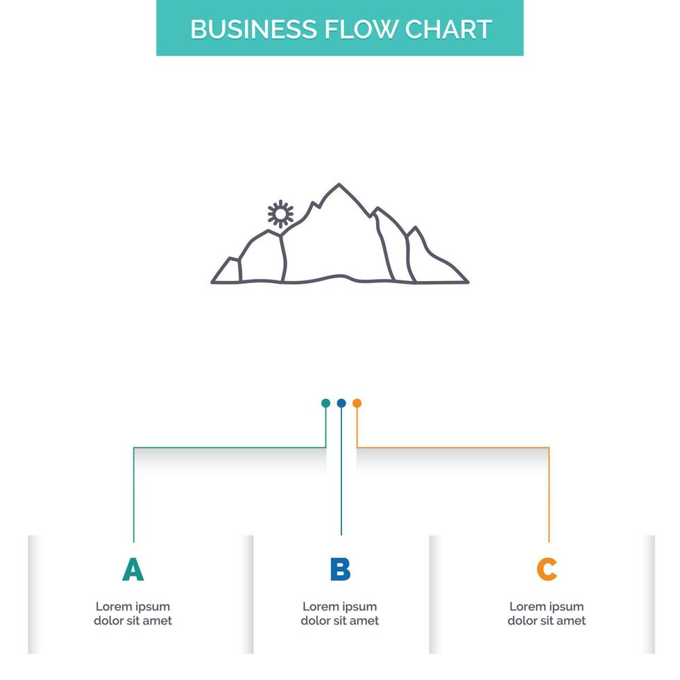 Cerro. paisaje. naturaleza. montaña. diseño de diagrama de flujo de negocios de escena con 3 pasos. icono de línea para el lugar de plantilla de fondo de presentación para texto vector