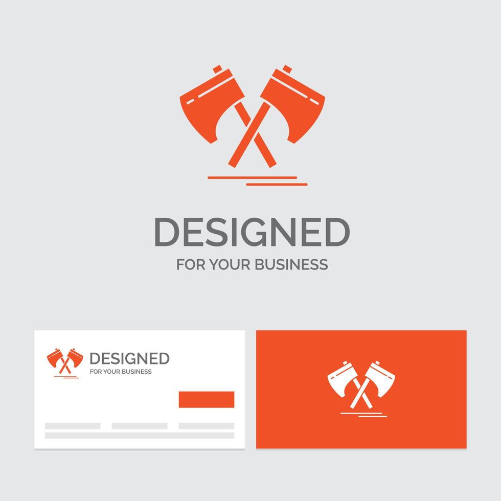 Business logo template for Axe. hatchet. tool. cutter. viking. Orange Visiting Cards with Brand logo template. vector