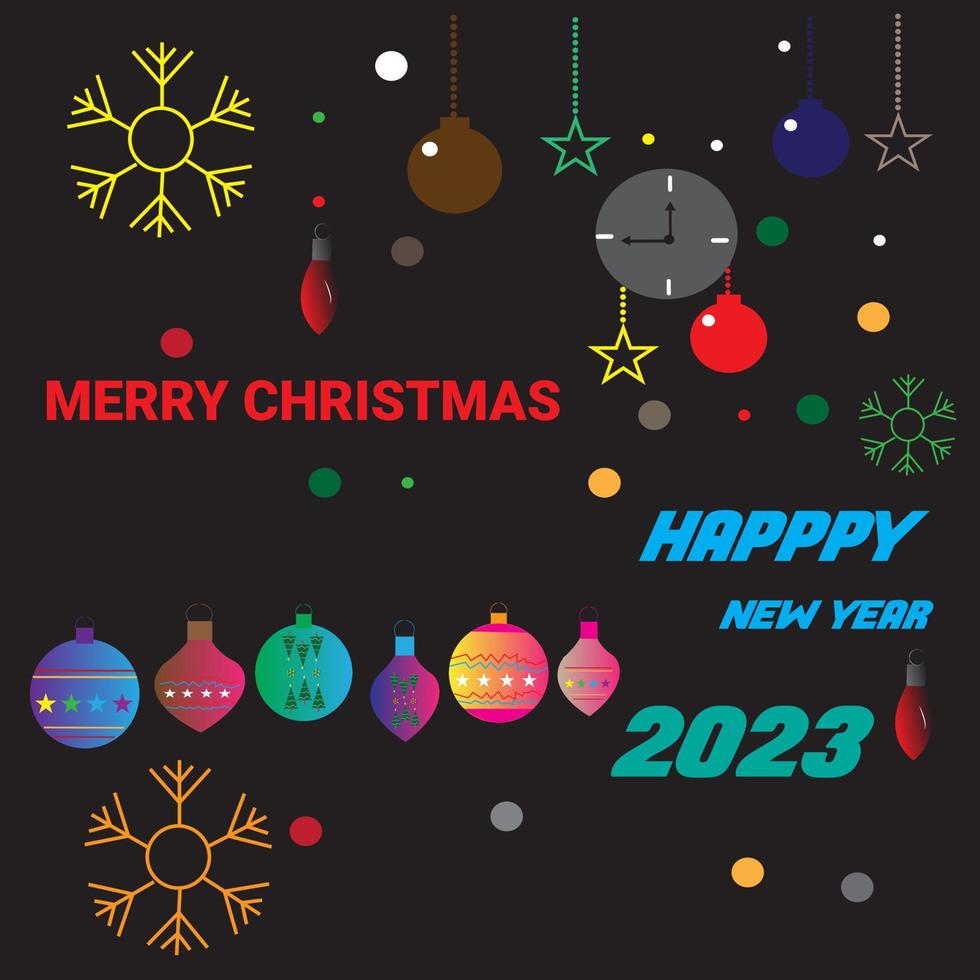 Background set of christmas baubles and happy new year 2023.Set of Christmas and New Year holiday gift cards. Xmas banners, web poster, flyers and brochures, greeting cards, group bright covers. vector