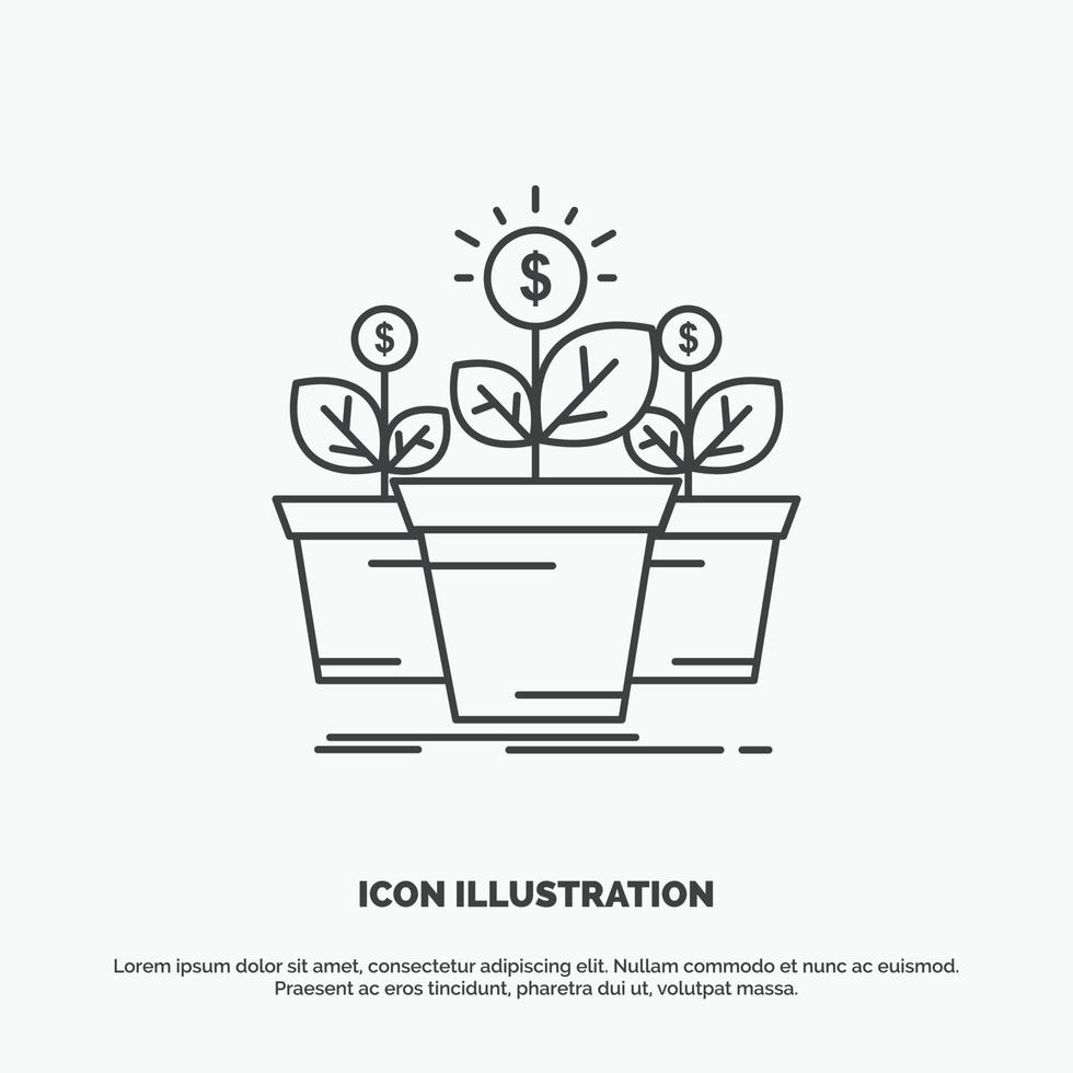 crecimiento. dinero. planta. maceta. icono de árbol símbolo gris vectorial de línea para ui y ux. sitio web o aplicación móvil vector