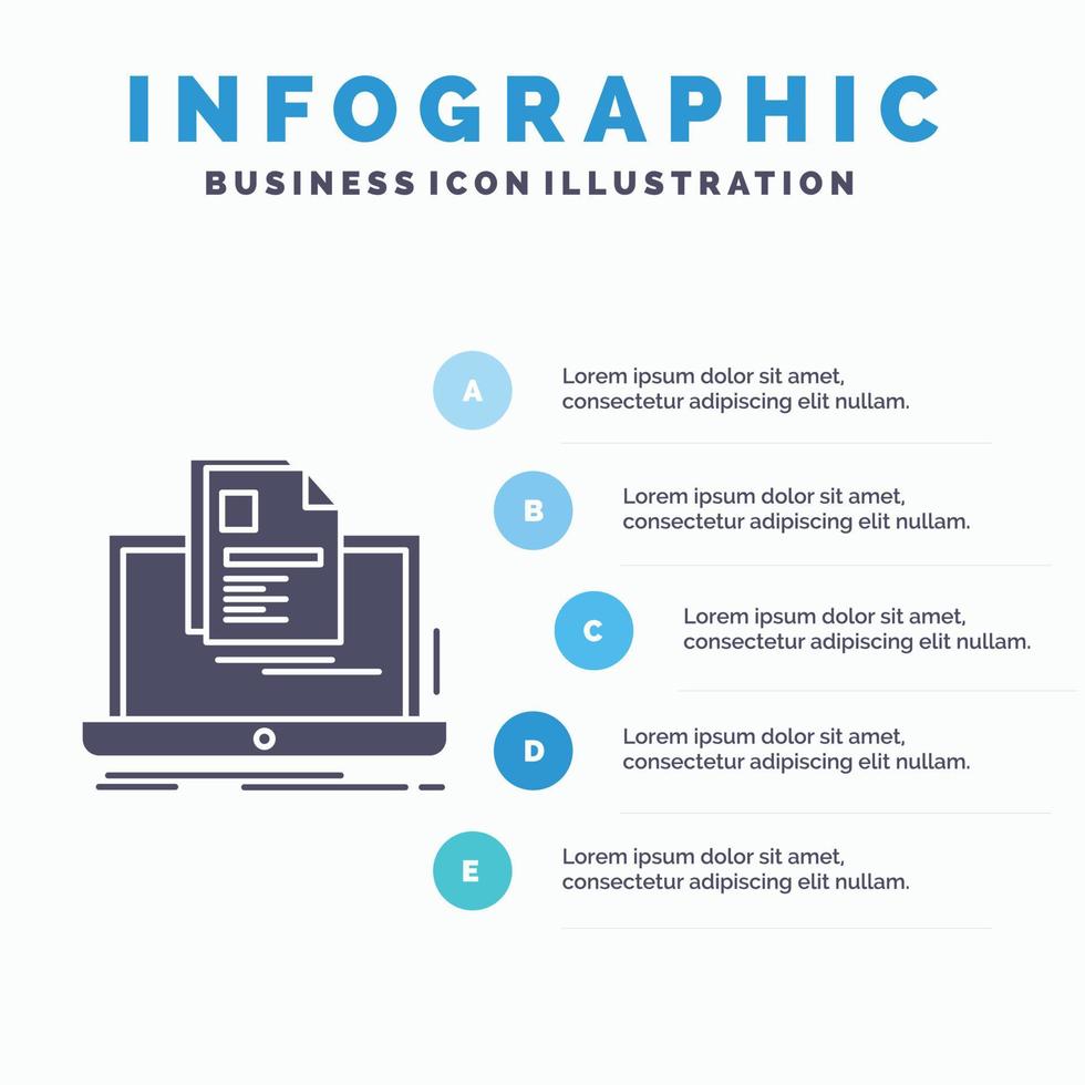 cuenta. computadora portátil. reporte. impresión. reanudar la plantilla de infografía para el sitio web y la presentación. icono de glifo gris con ilustración de vector de estilo infográfico azul.