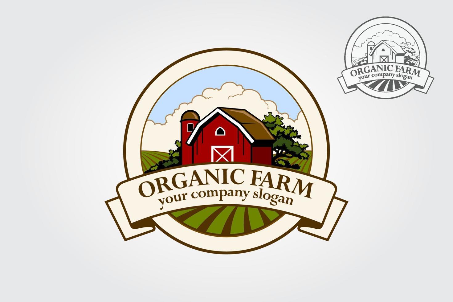 Organic Farm  Vector Logo Illustration. Cartoon illustration of red farm barn. Logo template suitable for business and product names.