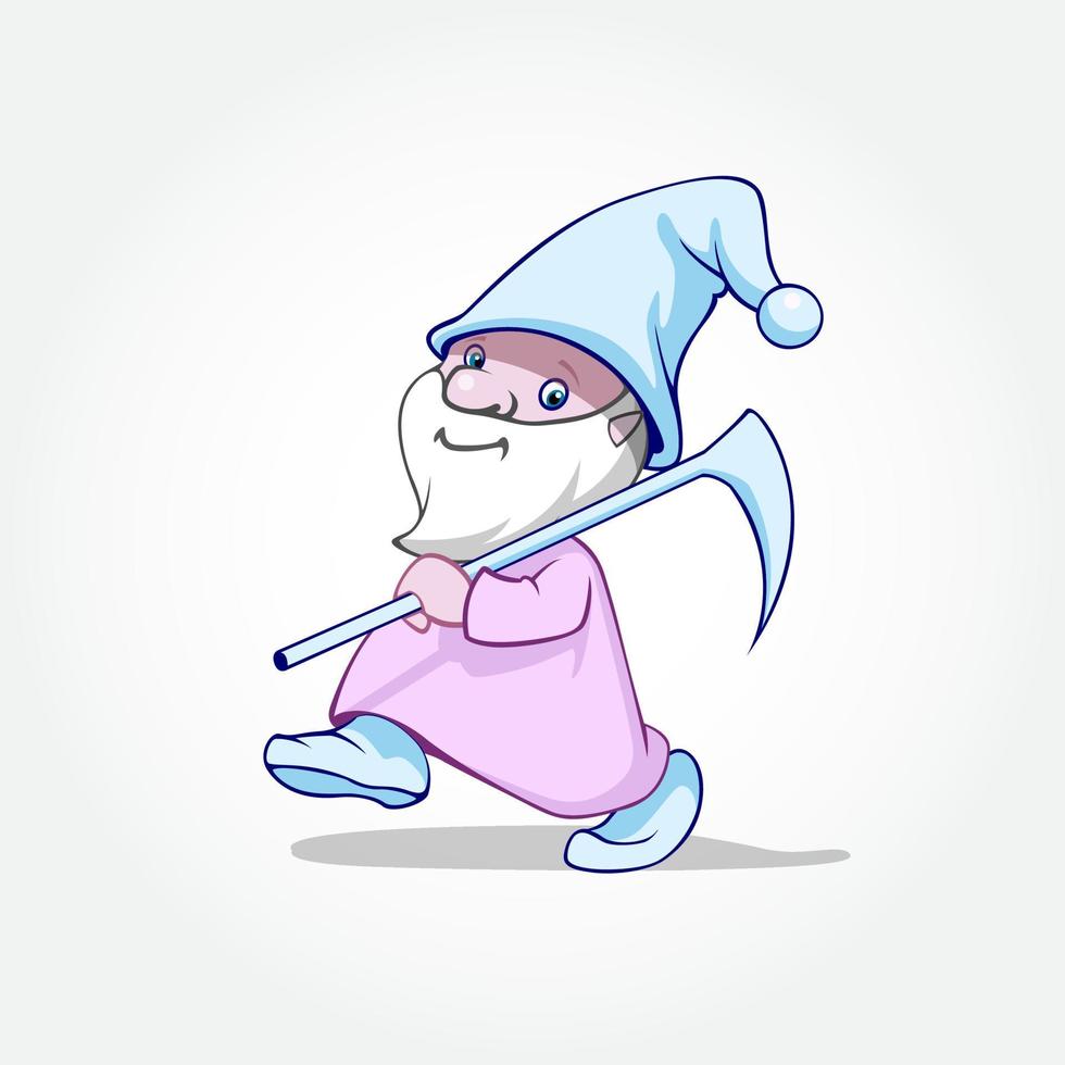Gnome Illustration running with pickaxe. Vector cartoon character.