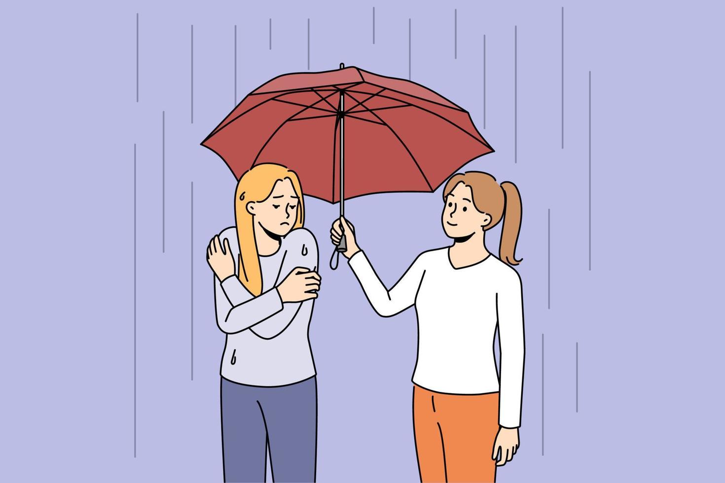 Happy caring woman help unhappy wet friend share umbrella. Smiling attentive female show support to upset girl on rain on street. Vector illustration.