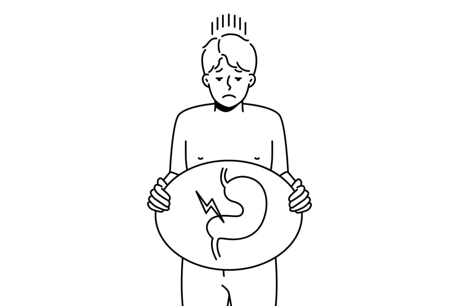 Unhealthy man suffer from indigestion problem. Unhappy sick guy holding image of sick body organ struggle with stomachache. Healthcare concept. Vector illustration.