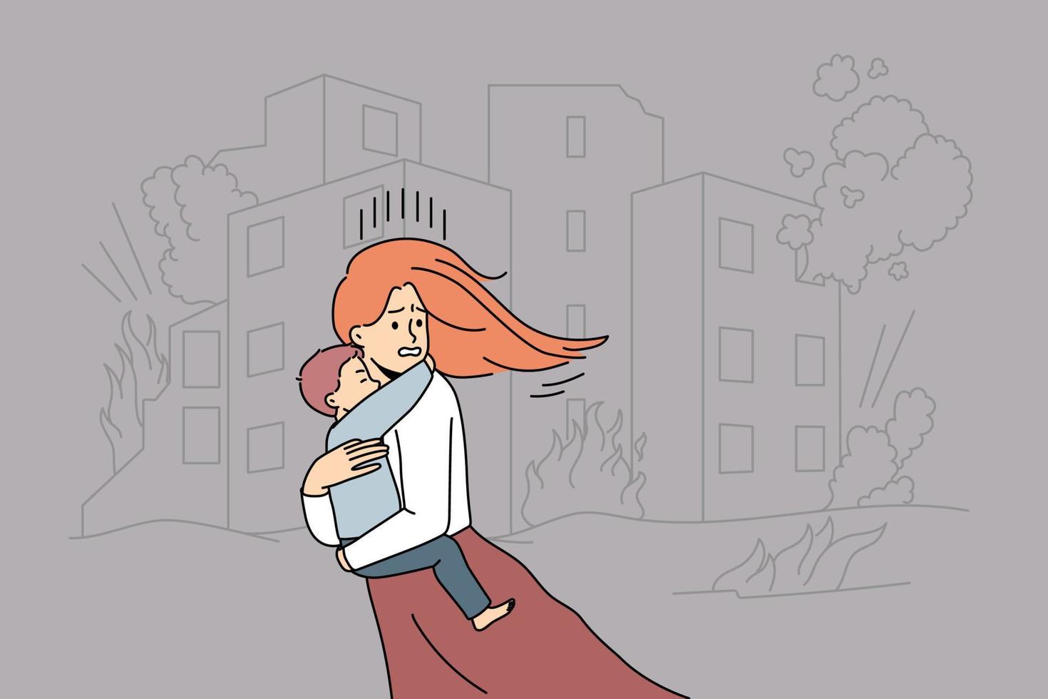 Scared young woman with child in hands running from bombs in city. Terrified mother with kid escape burning house on fire. Vector illustration.