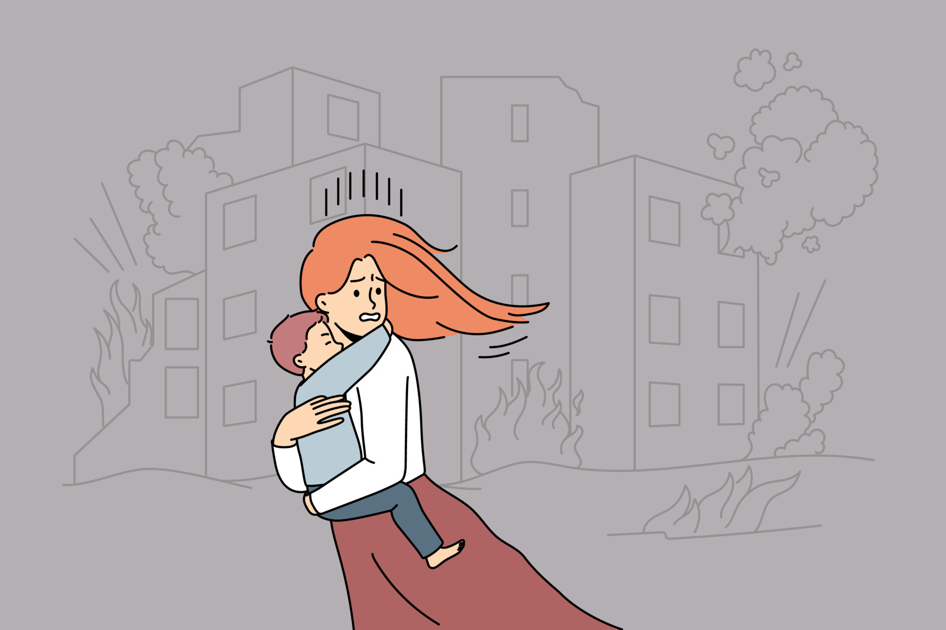 Scared young woman with child in hands running from bombs in city