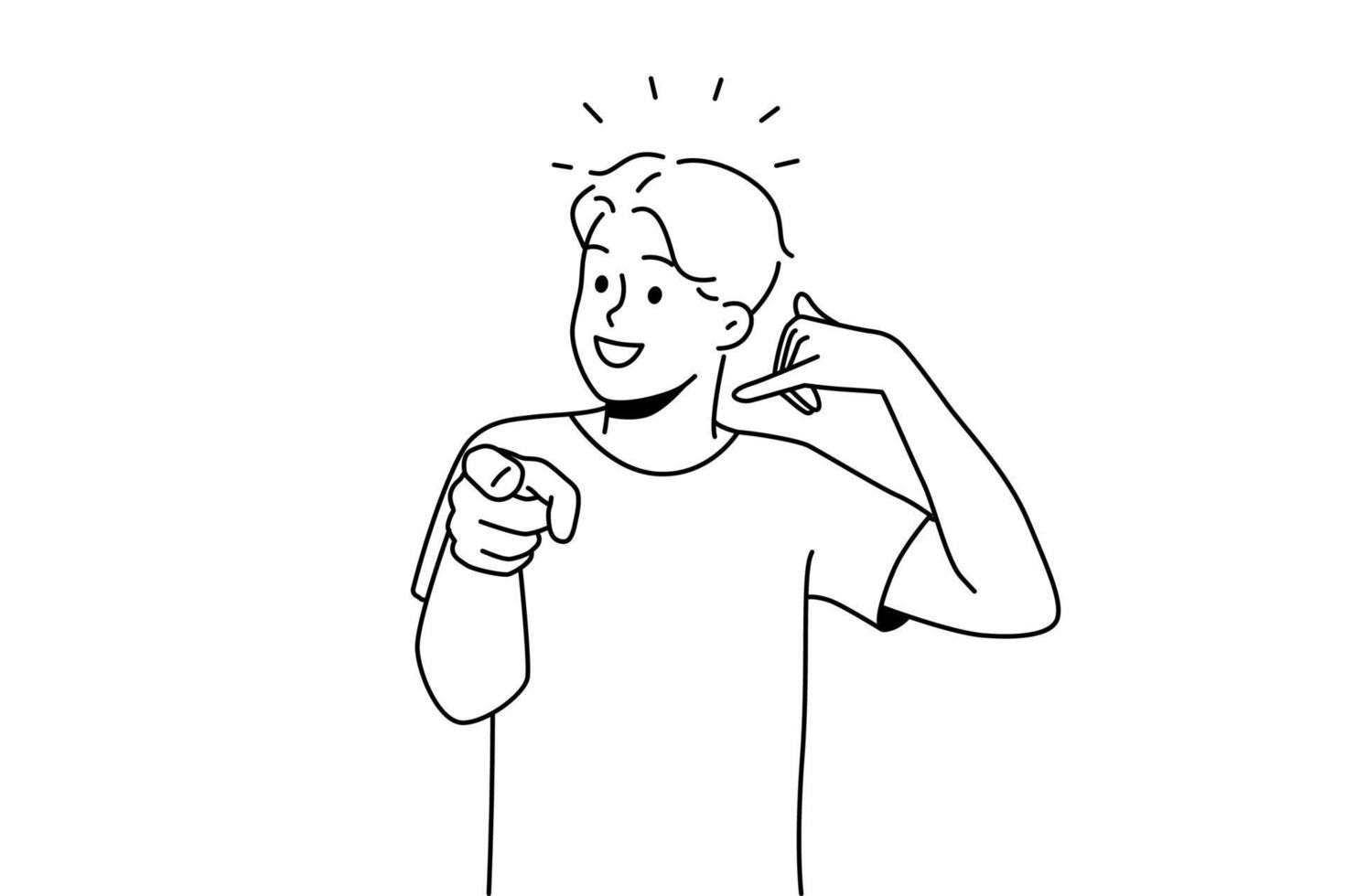 Smiling guy making hand gesture asking to call back. Happy man demonstrate callback sign. Nonverbal communication. Vector illustration.