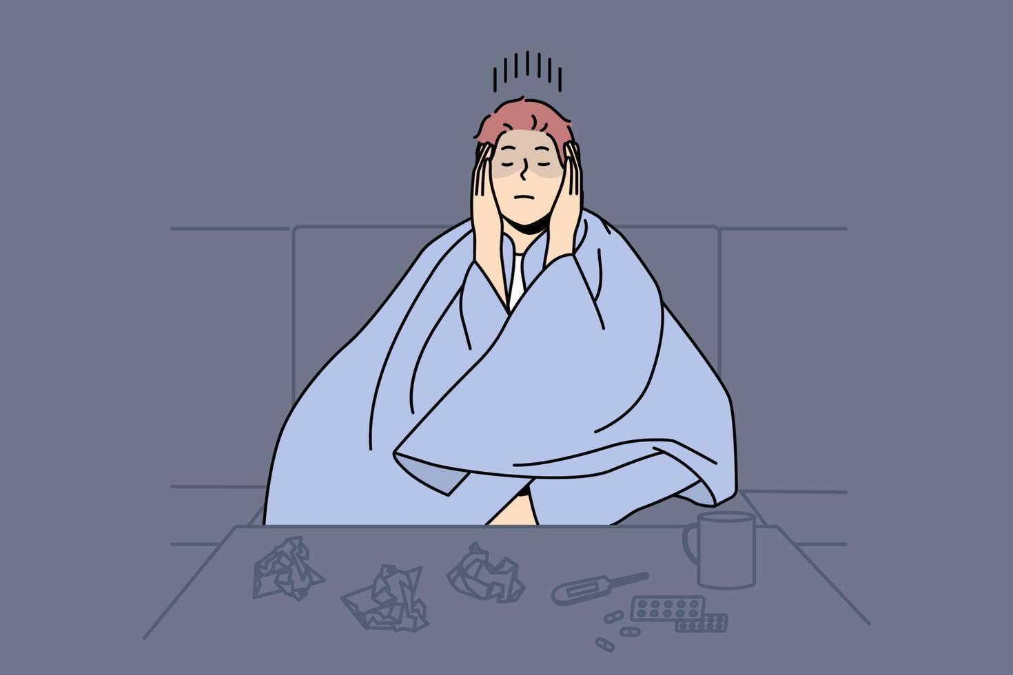 Man sitting in blanket struggle with cold or influenza. Unhealthy male suffer from covid or flu taking meds relaxing at home. Healthcare and medicine. Vector illustration.