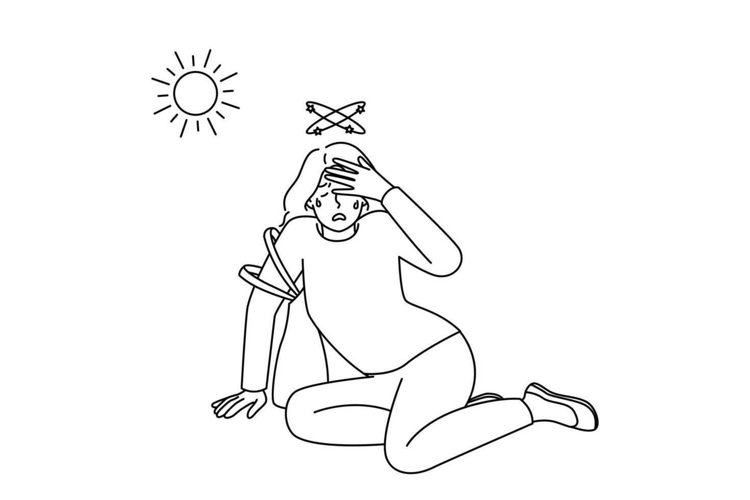 Unhealthy woman fall on ground suffer from heatstroke from hot weather outside. Female feeling bad lose consciousness struggle with heat. Overheat concept. Vector illustration.