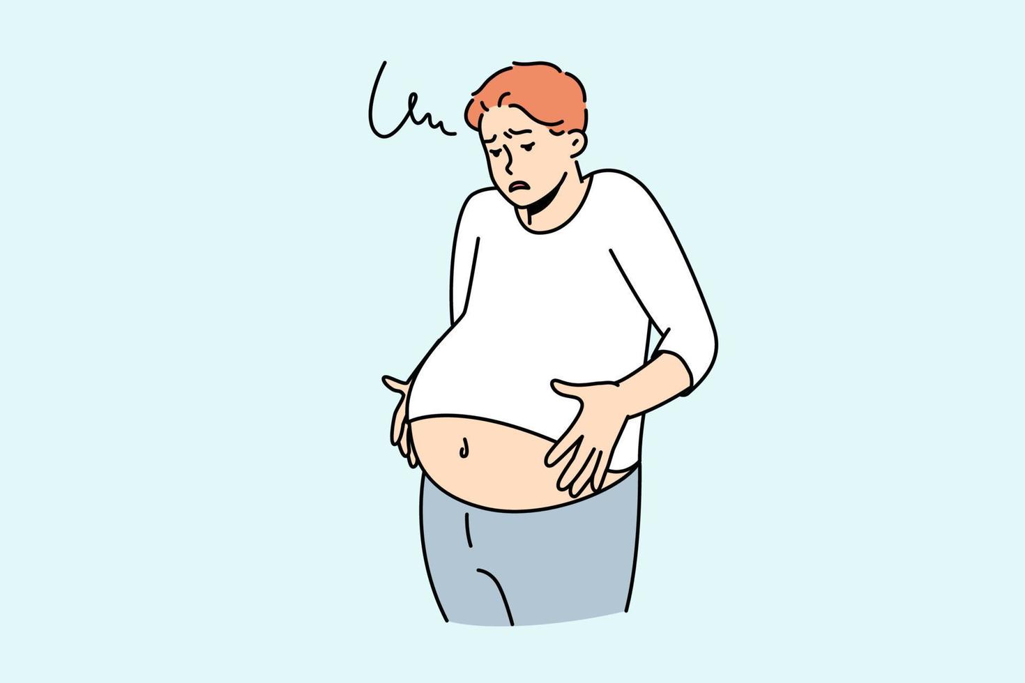Unwell man suffer from indigestion. Unhealthy male struggle with stomach flatulence. Healthcare and bowel problem. Vector illustration.