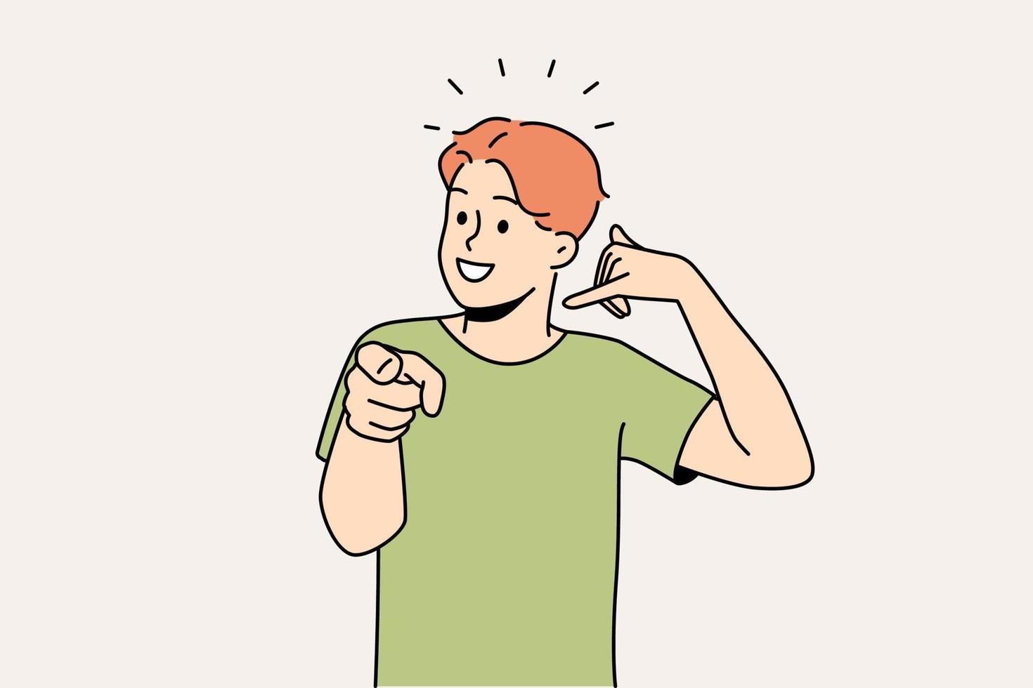 Smiling guy making hand gesture asking to call back. Happy man demonstrate callback sign. Nonverbal communication. Vector illustration.