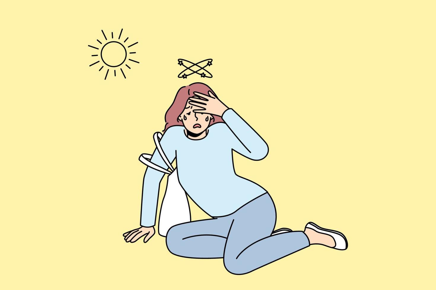 Unhealthy woman fall on ground suffer from heatstroke from hot weather outside. Female feeling bad lose consciousness struggle with heat. Overheat concept. Vector illustration.