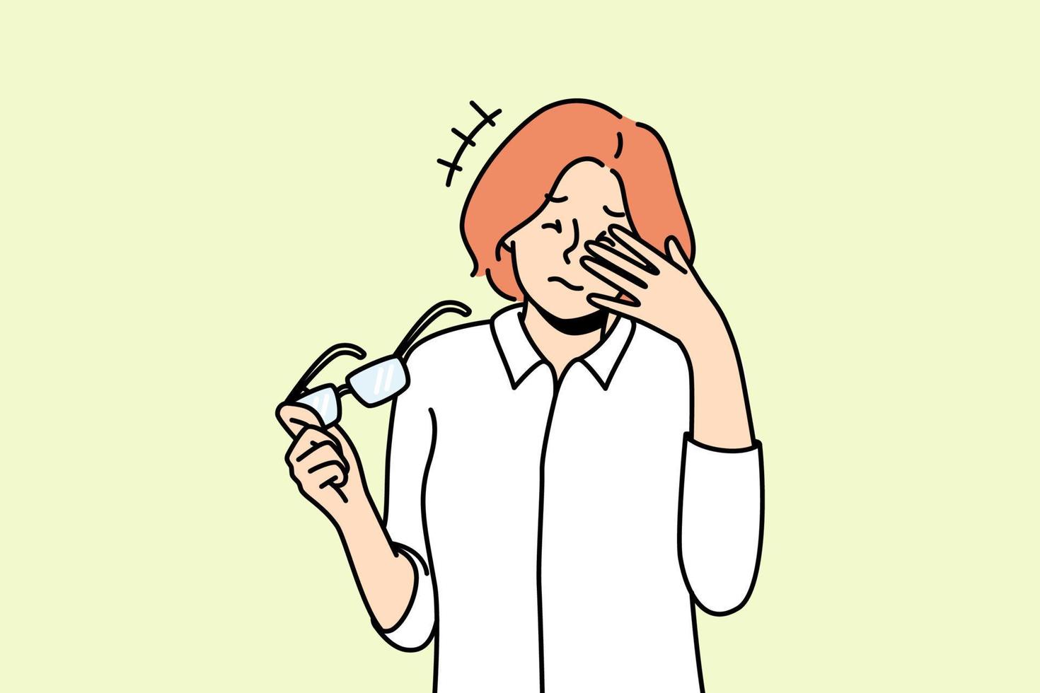 una mujer malsana se quita las gafas y sufre de migraña. lucha femenina enferma con mareos o visión borrosa. problema de la vista y atención médica. ilustración vectorial vector