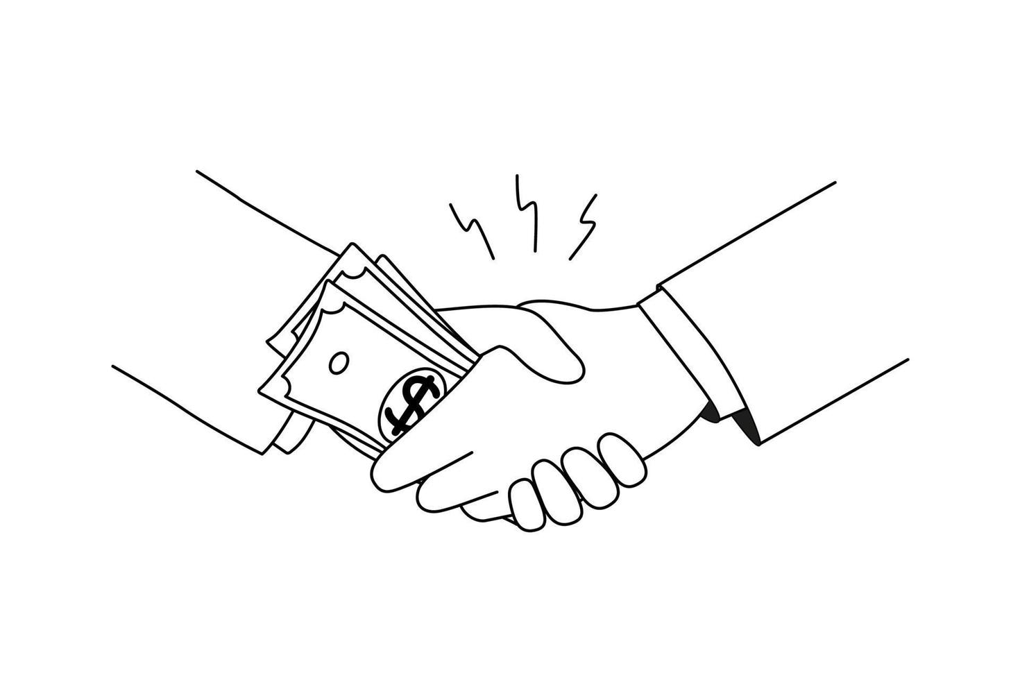 Businessmen shaking hands giving money bribe. Close-up of male business partners handshake closing deal. Financial bribery concept. Vector illustration.