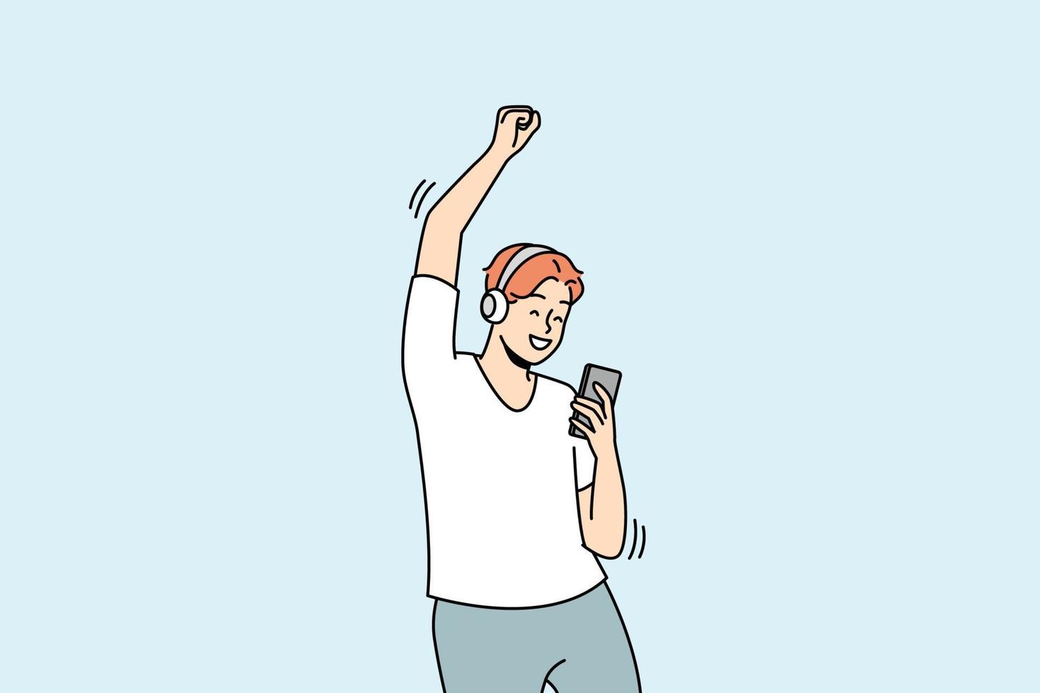 Happy man in wireless headphones dance listen to music on cellphone. Smiling guy in earphones enjoy good quality audio on smartphone. Vector illustration.