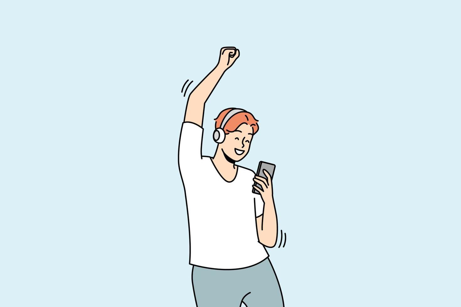 el hombre feliz con auriculares inalámbricos baila escuchando música en el celular. un tipo sonriente con auriculares disfruta de audio de buena calidad en un smartphone. ilustración vectorial vector