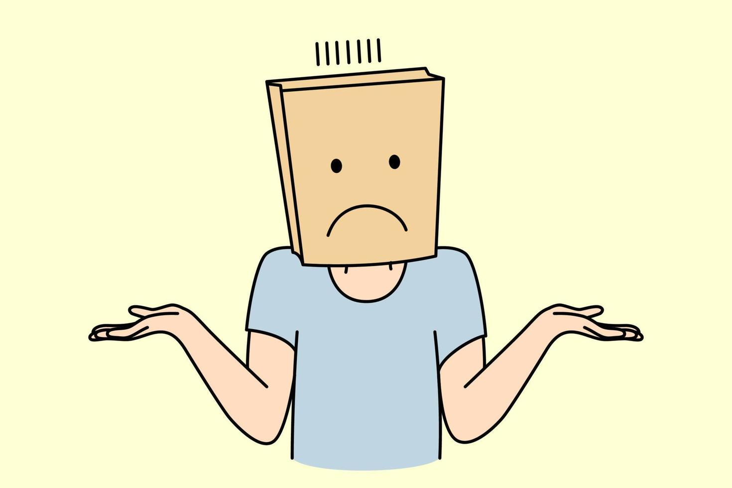 Unknown person with paper bag on hand feel confused and frustrated. Man or woman with package with face expression feeling doubts. Vector illustration.