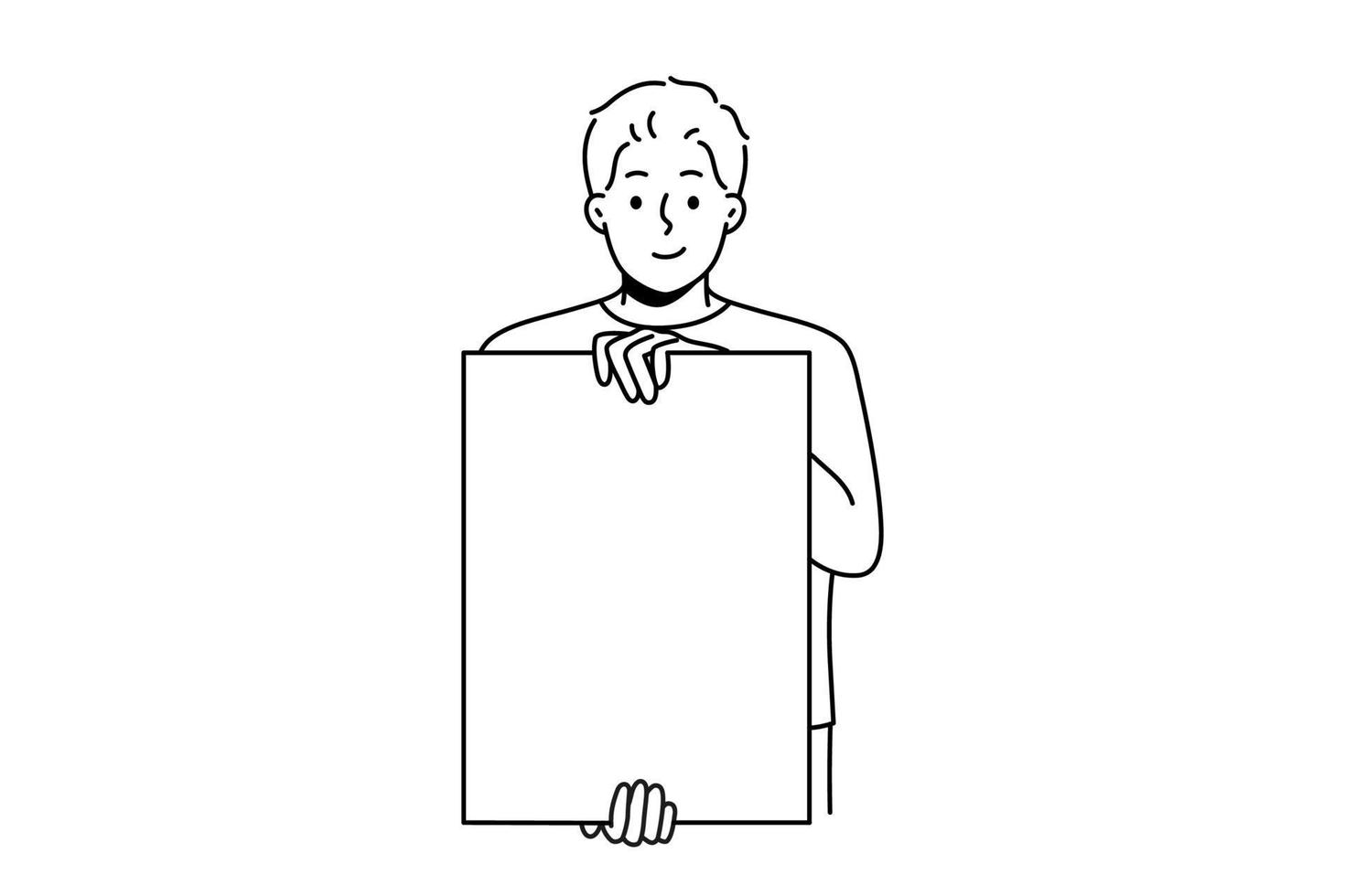 Smiling man hold white empty poster for advertising copy space. Happy male demonstrate mockup on paperwork for ad placement. Vector illustration.