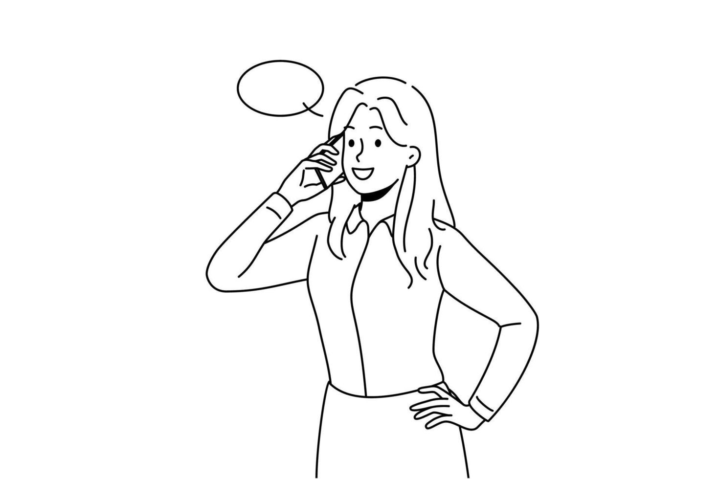 Young businesswoman talk on cellphone with client or customer. Smiling woman employee have cellphone conversation. Business communication. Vector illustration.