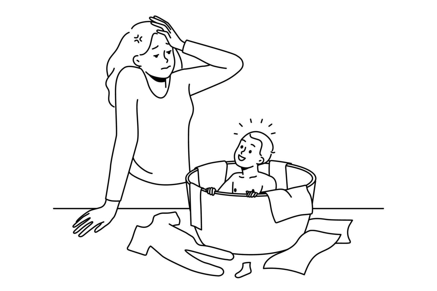 Stressed young woman feel tired with motherhood and small kid. Unhappy frustrated mother exhausted with toddler and parenthood. Vector illustration.
