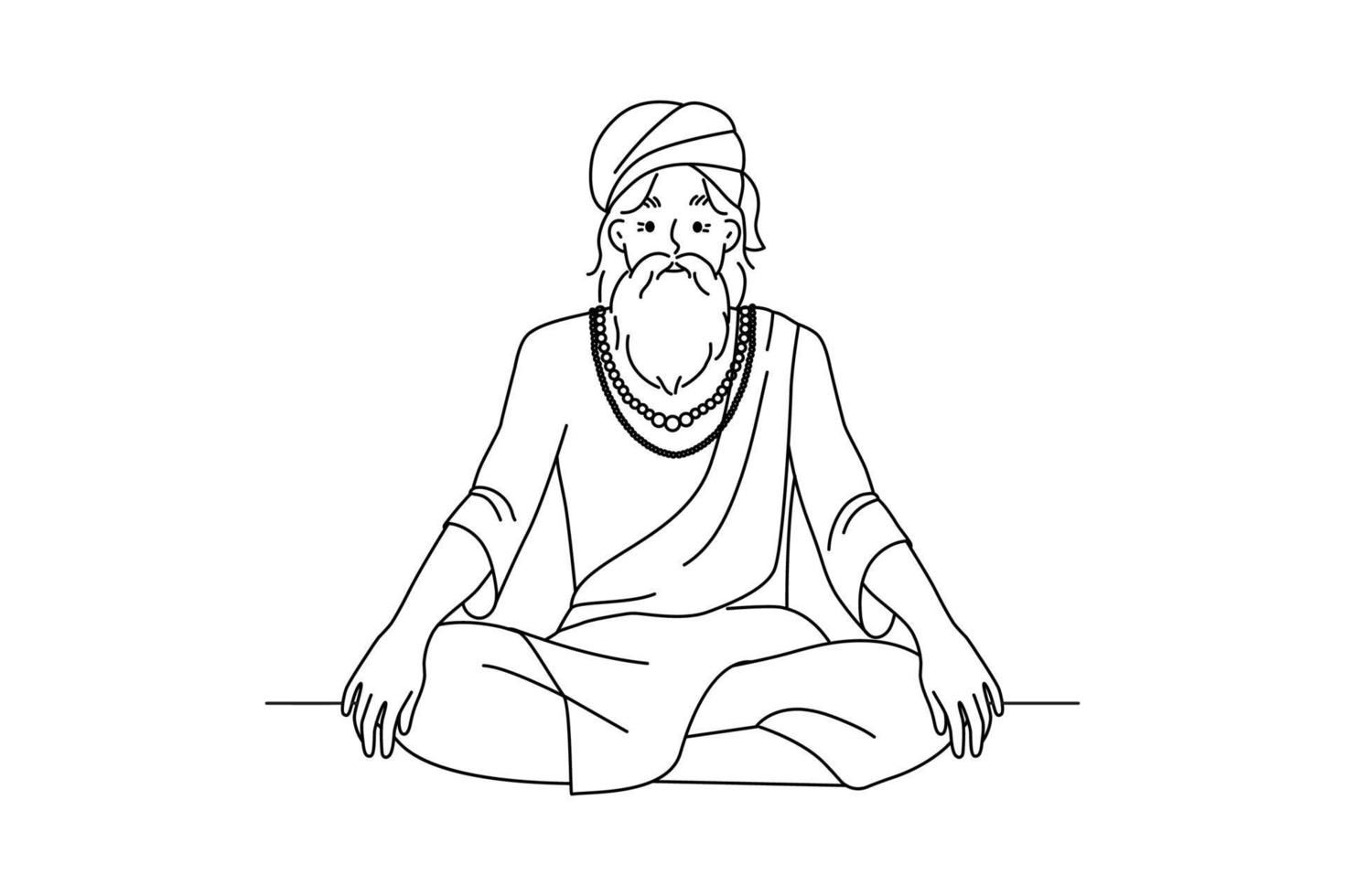 Old man in traditional clothes sitting in lotus position meditating. Elderly male yogi practice yoga. Culture and tradition. Vector illustration.