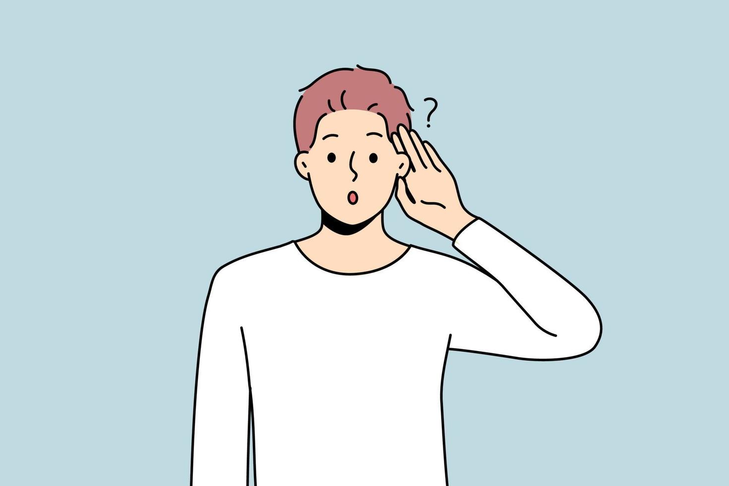 Young man make hand gesture listening to news on information. Confused male wonder about gossip or hearsay. Vector illustration.