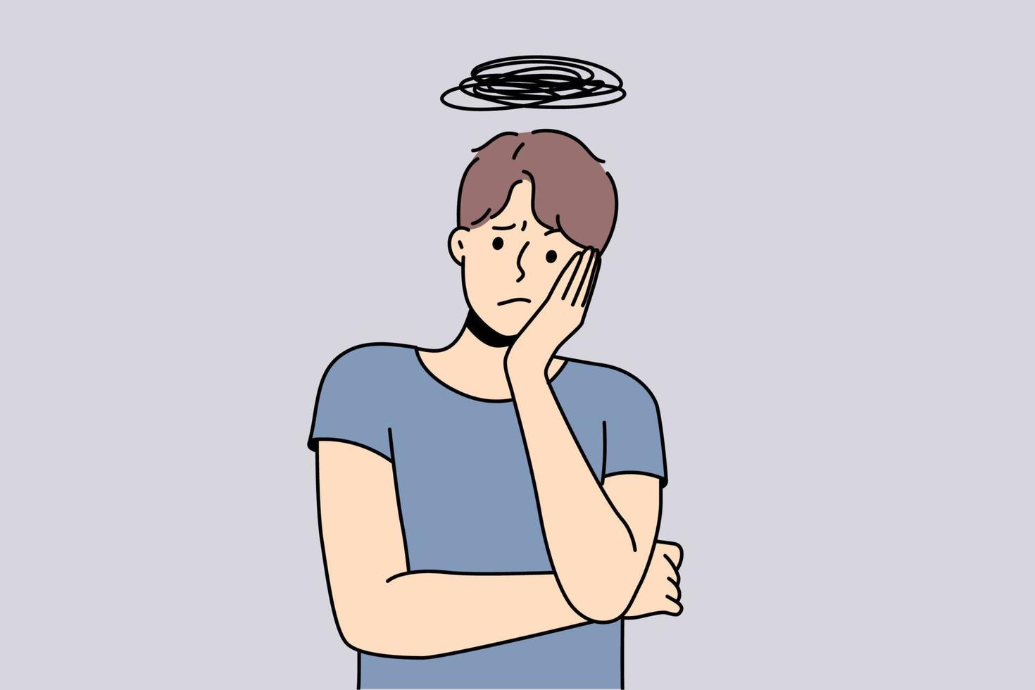 Unhappy young man thinking lost in worries and frustration. Stressed guy overthinking overwhelmed with thoughts. Vector illustration.