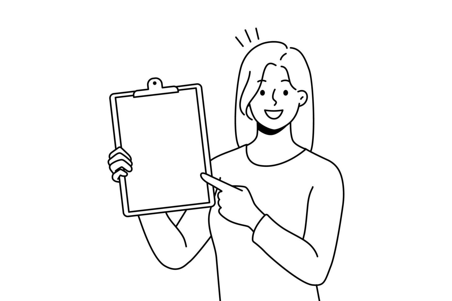 Smiling businesswoman showing folder with white mockup paper. Happy woman employee demonstrate paperwork completed task at workplace. Vector illustration.