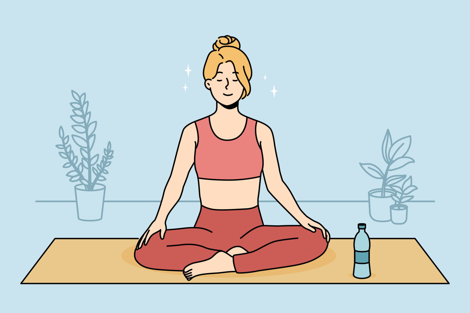 una joven tranquila con ropa deportiva sentada en una alfombra practicando  yoga en casa. sonriente chica relajada meditando en el interior. Meditación  y alivio del estrés. ilustración vectorial 12971571 Vector en Vecteezy