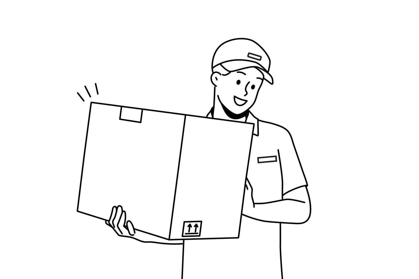 Smiling deliveryman in uniform holding cardboard package. Happy male courier with box deliver order to client. Good delivery service. Vector illustration.