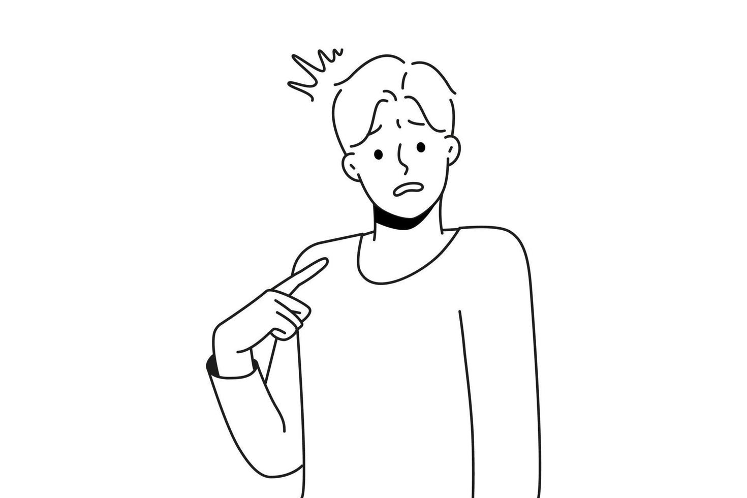 Young confused man point at himself feel insecure and frustrated. Male pointing at self wonder who. Frustration and self-confidence. Vector illustration.