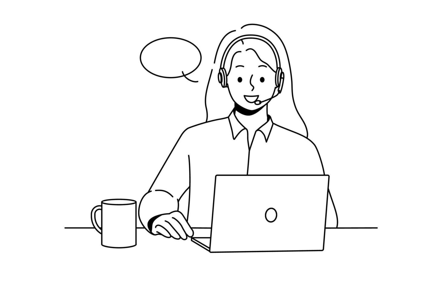 una mujer sonriente con auriculares se sienta en el escritorio y habla por videollamada en la computadora. una feliz agente del centro de llamadas tiene una conversación en línea en una laptop. ilustración vectorial vector