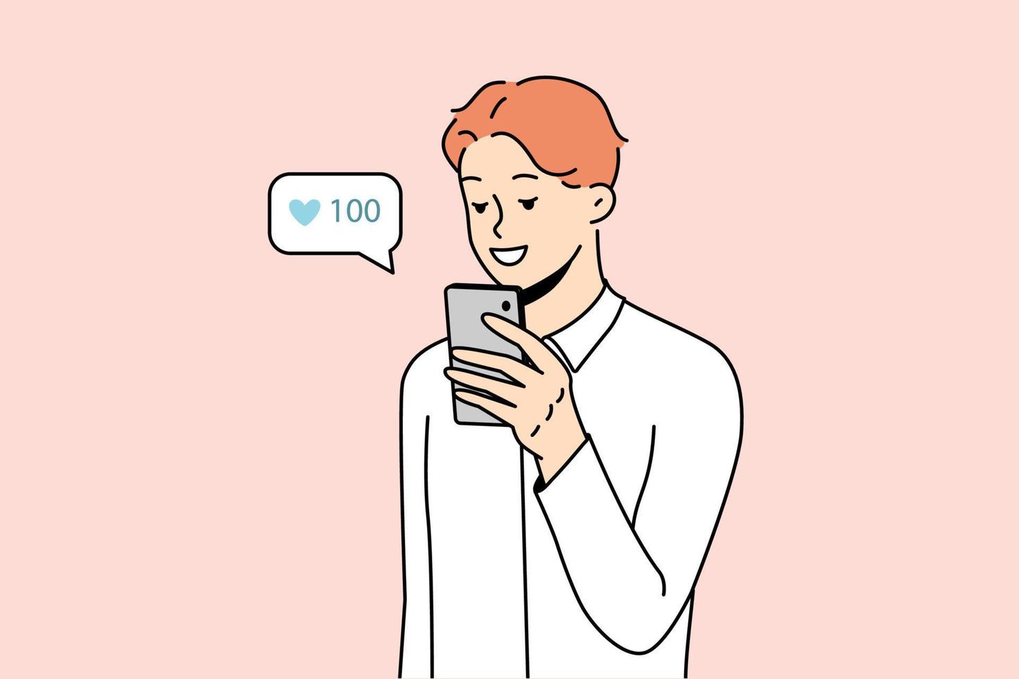 Smiling young man using cellphone collect likes on social media. Happy male look at mobile phone screen get acknowledgment from subscribers. Vector illustration.