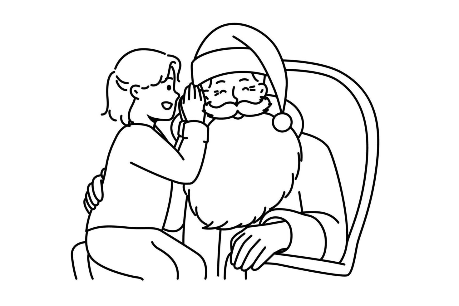 Cute child whisper in Santa Claus ear sitting on laps. Small girl kid telling wishes to father Christmas. Winter holiday. New Year and Christmas. Vector illustration.