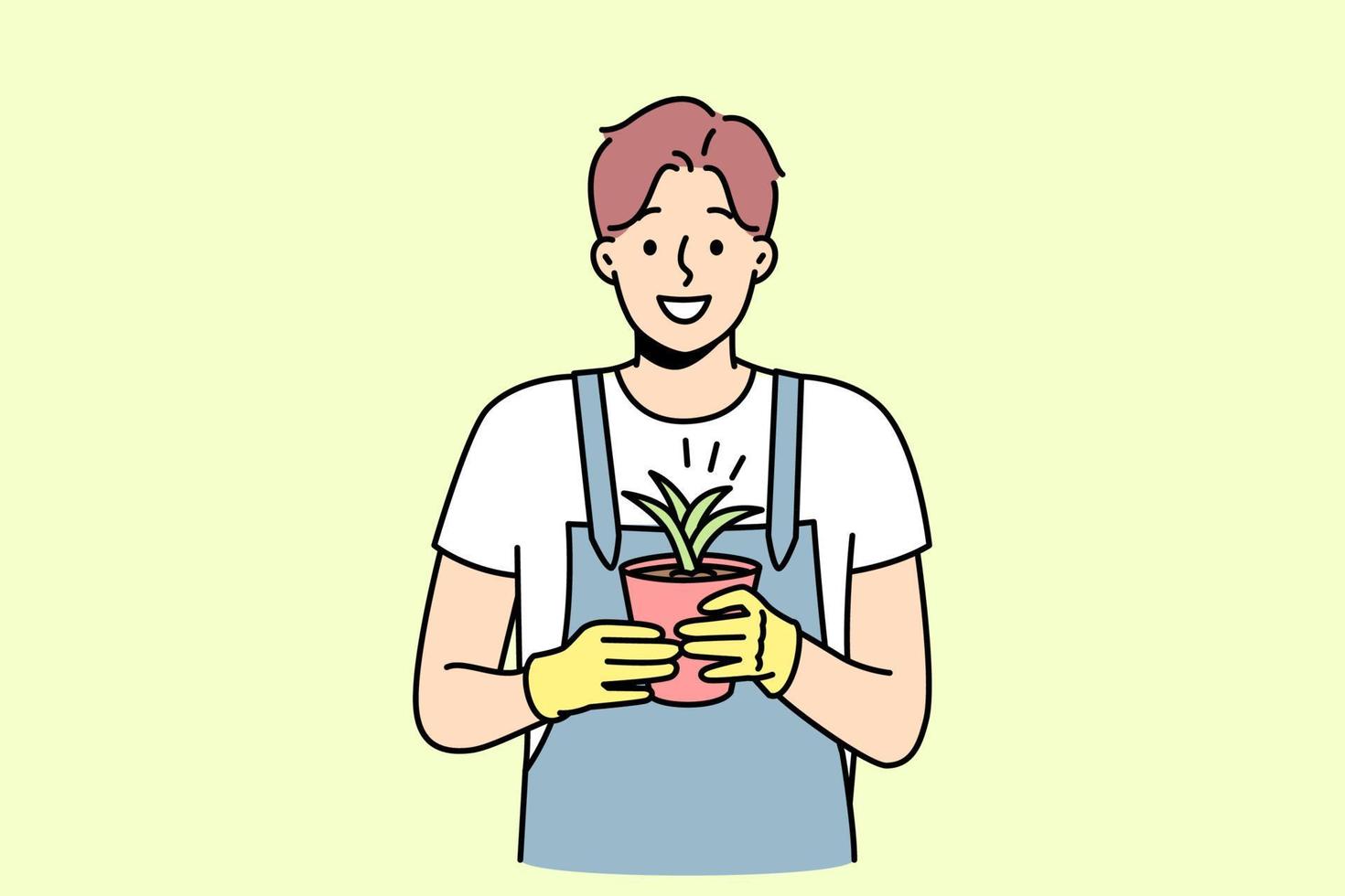 Smiling male in gloves and apron holding plant in pot. Happy gardener enjoy botanical floral hobby. Horticulture and gardening. Vector illustration.