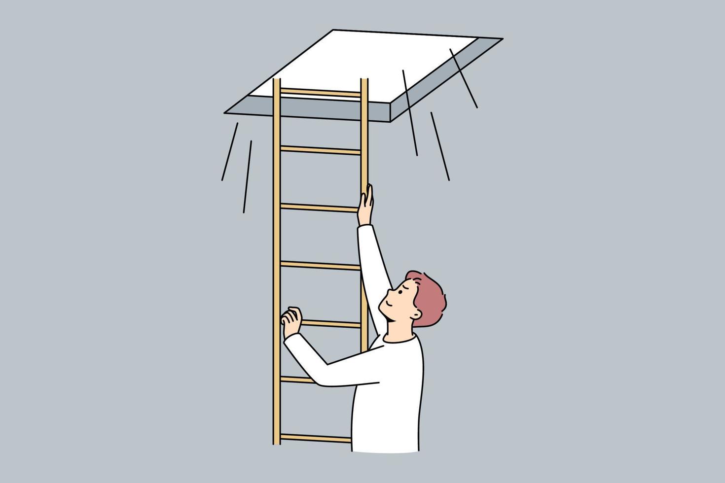 Man climbing up ladder to light. Smiling motivated male go up open new opportunities or perspectives. Bright future ahead. Vector illustration.
