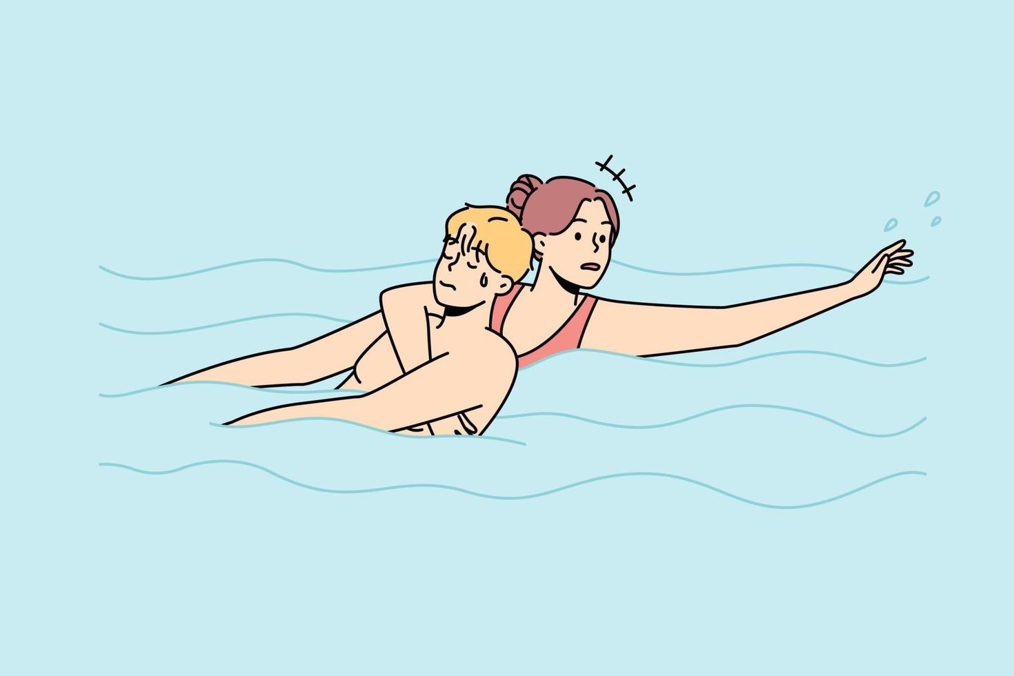 Woman saving man drowning in water. Lifeguard help guy going under in swimming pool. Emergency and rescue. Vector illustration.