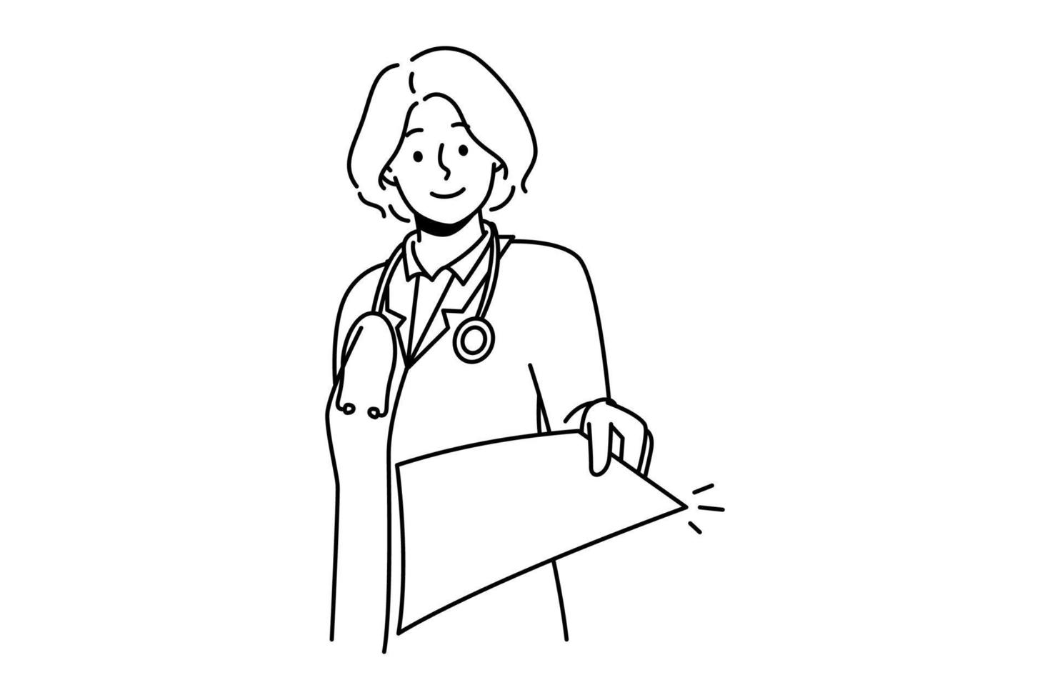 una doctora sonriente con uniforme médico entrega papeleo del hospital. mujer feliz enfermera o gp estirar la mano con documento o carta. ilustración vectorial vector