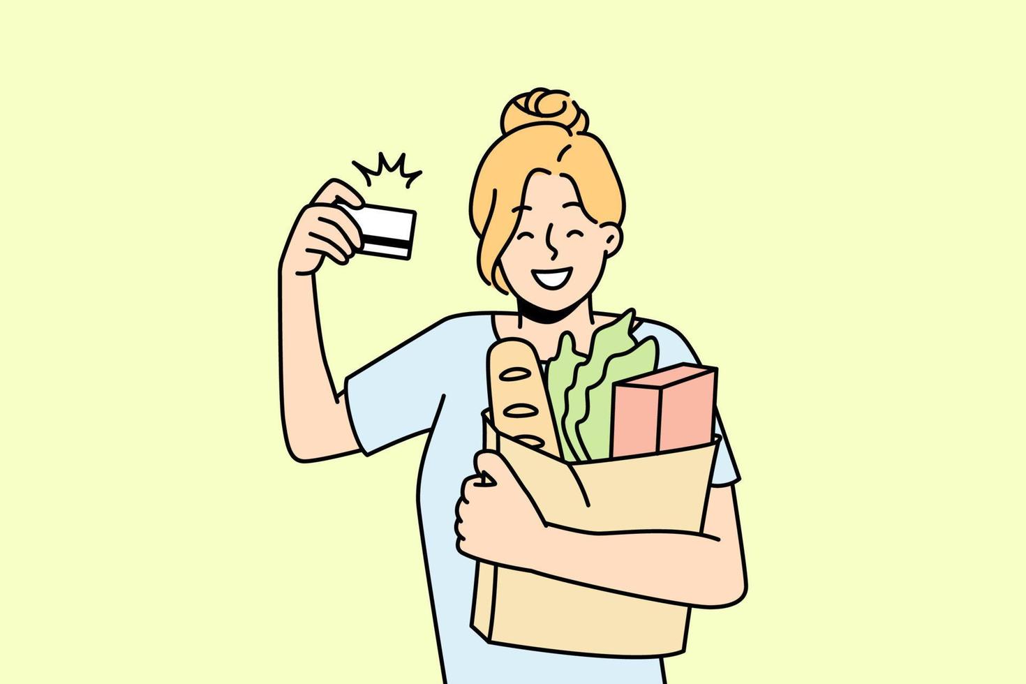 Smiling woman customer shopping in supermarket with credit card. Happy female client grocery shopping with banking system. Vector illustration.