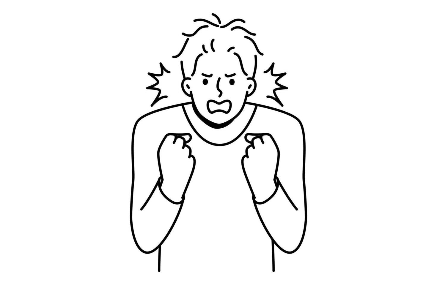 Furious young man clench fists struggle with madness or panic. Angry male feeling emotional and enraged. Rage and emotion control. Vector illustration.