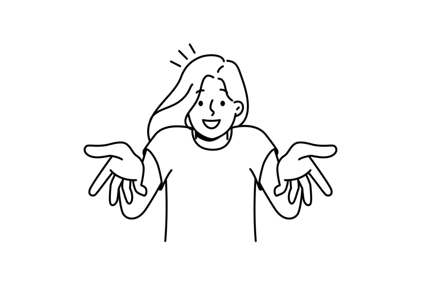 Smiling young woman talking with camera. Happy millennial girl feel joyful and uplifted making hands gestures. Vector illustration.