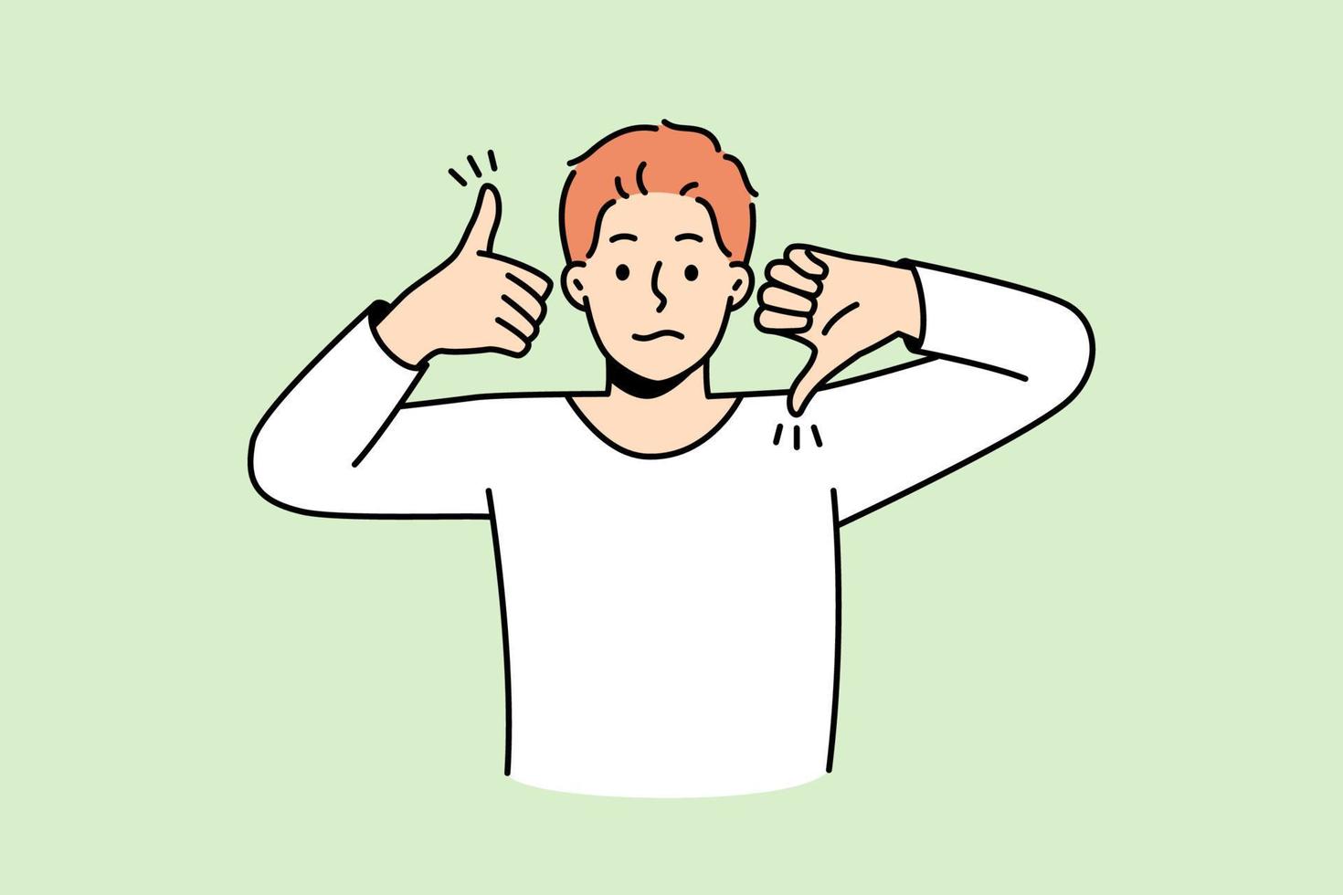 Frustrated man show like and dislike hand gestures demonstrate client feedback for service. Confused male feeling down and uplifted. Approval and disapproval. Vector illustration.